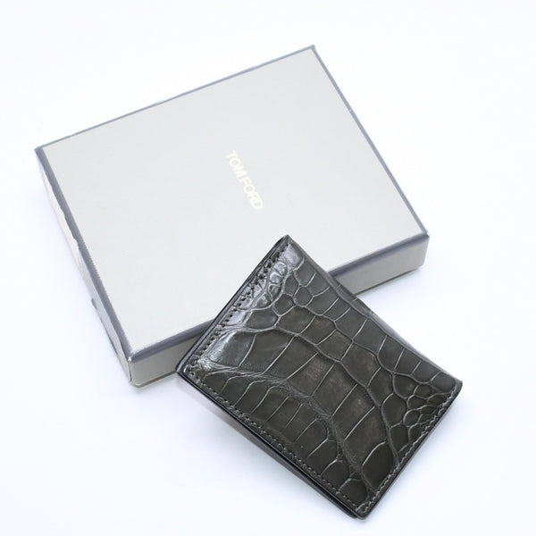 極美品 TOM FORD トムフォード 2つ折り Card Case カードケース 名刺入れ 財布 クロコ調 型押し グレー 中古 4a006726