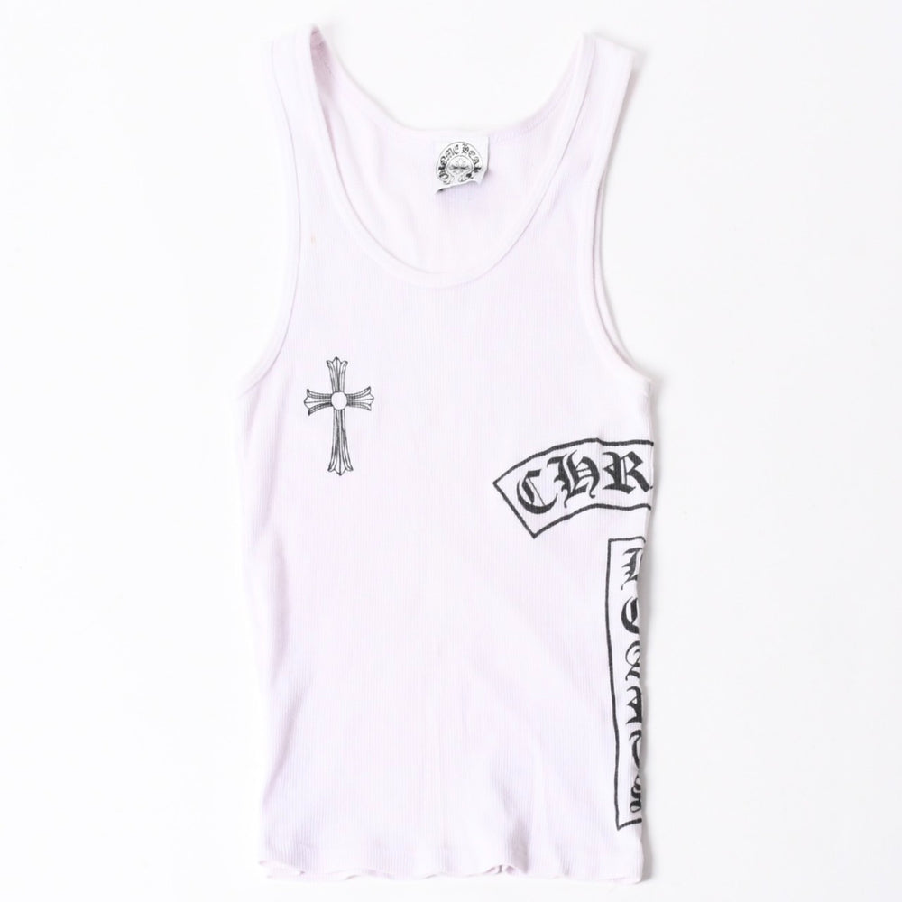 CHROME HEARTS クロムハーツ クロスモチーフ スクロールラベルロゴ タンクトップ コットン ホワイト ブラック サイズM 美品 中古 4a006689