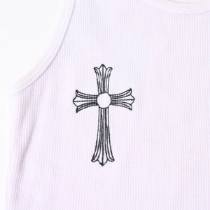 CHROME HEARTS クロムハーツ クロスモチーフ スクロールラベルロゴ タンクトップ コットン ホワイト ブラック サイズM 美品 中古 4a006689