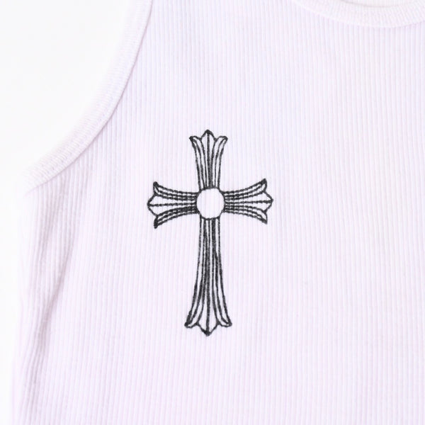 CHROME HEARTS クロムハーツ クロスモチーフ スクロールラベルロゴ タンクトップ コットン ホワイト ブラック サイズM 美品 中古 4a006689