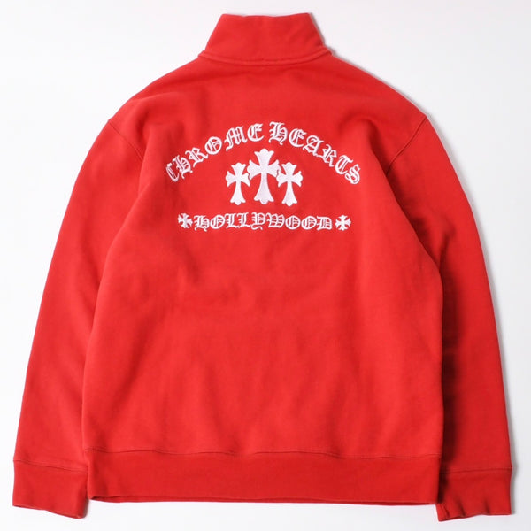 極美品 CHROME HEARTS クロムハーツ SAILIN ON 1/2 ZIP Y NOT セメタリークロス ハーフジップ スウェットシャツ レッド ダガー スクロールラベル Lサイズ 中古 4a006872