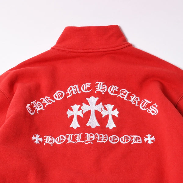 極美品 CHROME HEARTS クロムハーツ SAILIN ON 1/2 ZIP Y NOT セメタリークロス ハーフジップ スウェットシャツ レッド ダガー スクロールラベル Lサイズ 中古 4a006872