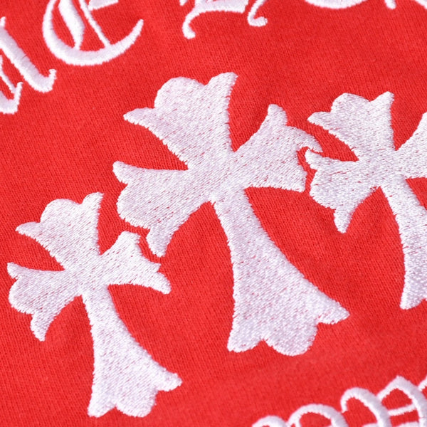 極美品 CHROME HEARTS クロムハーツ SAILIN ON 1/2 ZIP Y NOT セメタリークロス ハーフジップ スウェットシャツ レッド ダガー スクロールラベル Lサイズ 中古 4a006872