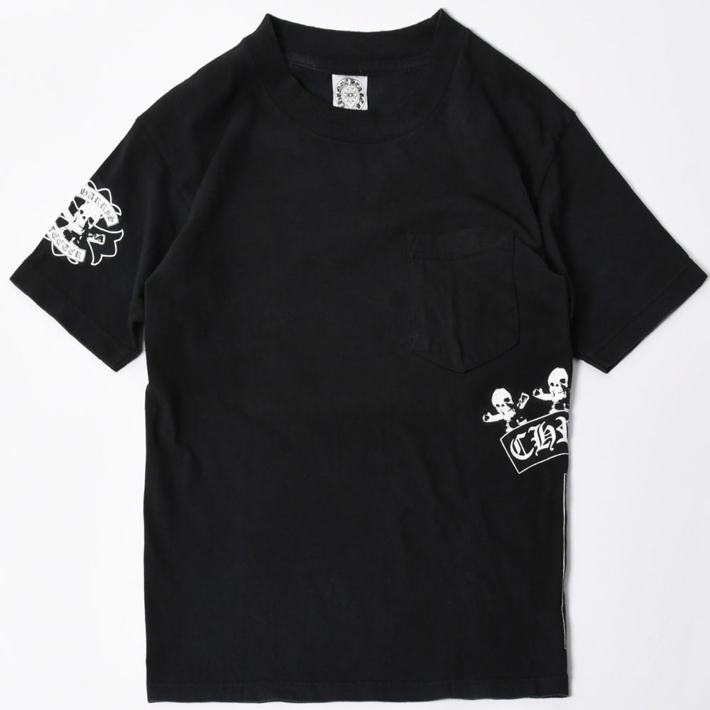 極美品 CHROME HEARTS クロムハーツ 半袖 ポケット Tシャツ サイズS フォッティ スクロール ラベル ロゴ オールド ブラック ホワイト 中古 4a006705
