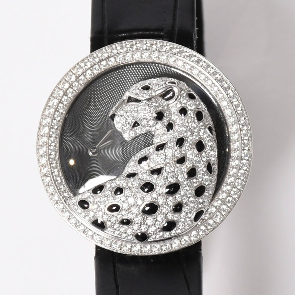 CARTIER カルティエ PANTHERE パンサー 腕時計 HPI00648 重量95,8g WG クォーツ レザー ブラック文字盤 美品 中古 4a006555