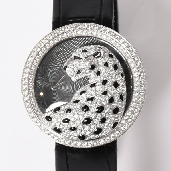 CARTIER カルティエ PANTHERE パンサー 腕時計 HPI00648 重量95,8g WG クォーツ レザー ブラック文字盤 美品 中古 4a006555