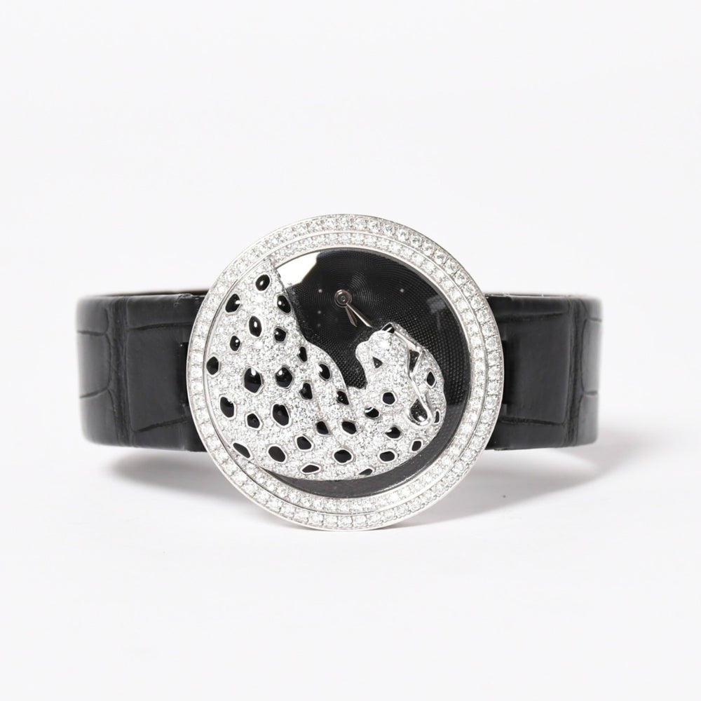極美品 CARTIER カルティエ PANTHERE パンサー 腕時計 HPI00648 重量95,8g WG クォーツ レザー ブラック文字盤 中古 4a006555