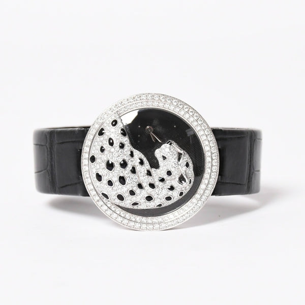 CARTIER カルティエ PANTHERE パンサー 腕時計 HPI00648 重量95,8g WG クォーツ レザー ブラック文字盤 美品 中古 4a006555
