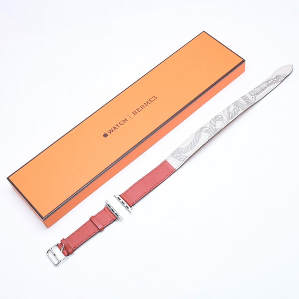 新品同様品 HERMES エルメス Apple Watch アップルウォッチ 40mm バンド ウォッチバンド レザーベルト ドゥブルトゥール レッド グレー シルバー金具 中古 4a006659