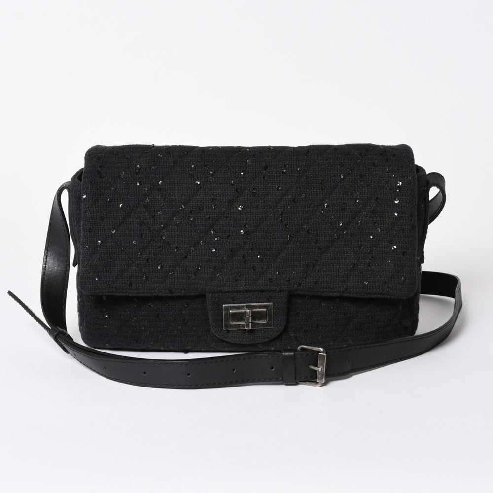 極美品 CHANEL シャネル 2.55 ショルダーバッグ 13番台 ココマーク スパンコール キャンバス レザー ブラック 中古 4a006582