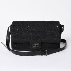 極美品 CHANEL シャネル 2.55 ショルダーバッグ 13番台 ココマーク スパンコール キャンバス レザー ブラック 中古 4a006582