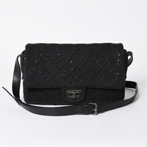 極美品 CHANEL シャネル 2.55 ショルダーバッグ 13番台 ココマーク スパンコール キャンバス レザー ブラック 中古 4a006582
