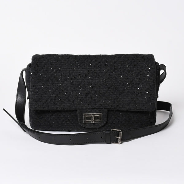 極美品 CHANEL シャネル 2.55 ショルダーバッグ 13番台 ココマーク スパンコール キャンバス レザー ブラック 中古 4a006582