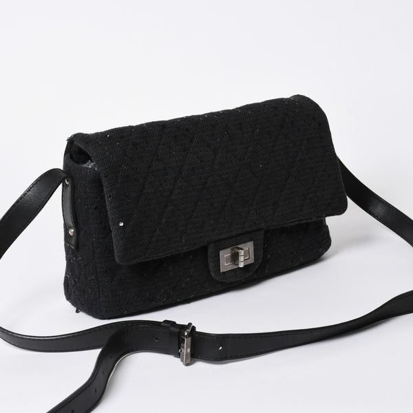 極美品 CHANEL シャネル 2.55 ショルダーバッグ 13番台 ココマーク スパンコール キャンバス レザー ブラック 中古 4a006582