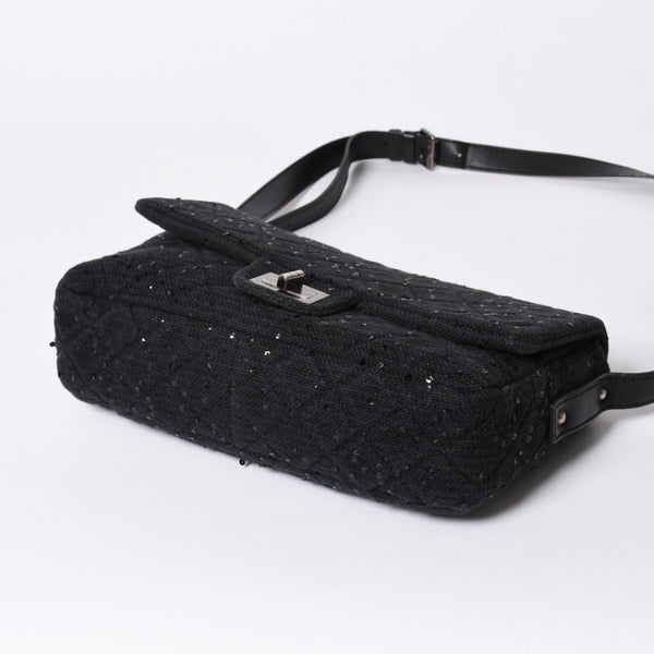 極美品 CHANEL シャネル 2.55 ショルダーバッグ 13番台 ココマーク スパンコール キャンバス レザー ブラック 中古 4a006582