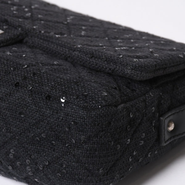極美品 CHANEL シャネル 2.55 ショルダーバッグ 13番台 ココマーク スパンコール キャンバス レザー ブラック 中古 4a006582