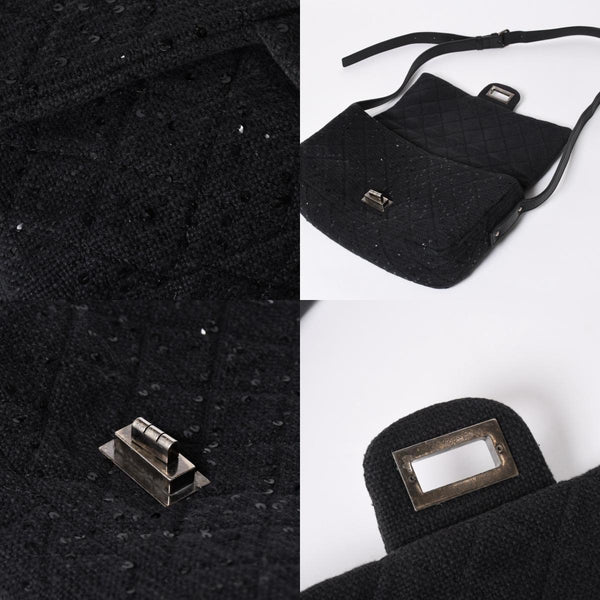 極美品 CHANEL シャネル 2.55 ショルダーバッグ 13番台 ココマーク スパンコール キャンバス レザー ブラック 中古 4a006582