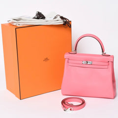 新品同様 HERMES エルメス ケリー25 2WAY ショルダーバッグ W刻印 ヴォースイフト ローズアザレ シルバー金具 中古 4a006897