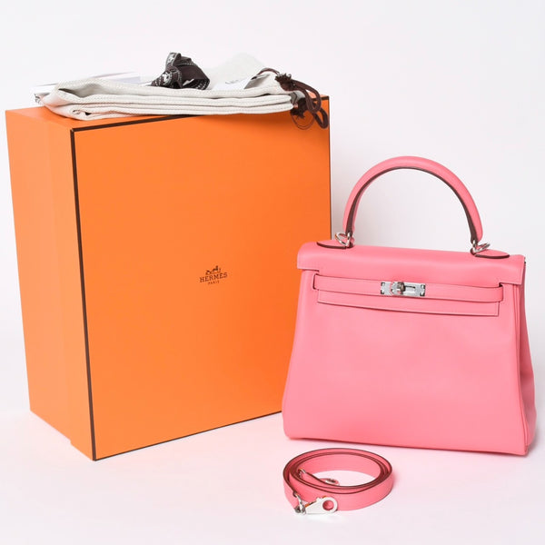 新品同様 HERMES エルメス ケリー25 2WAY ショルダーバッグ W刻印 ヴォースイフト ローズアザレ シルバー金具 中古 4a006897