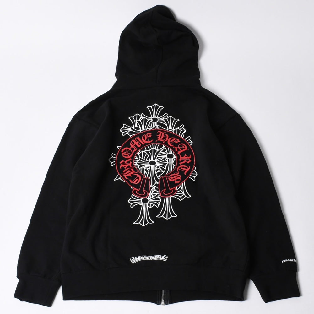 極美品 CHROME HEARTS クロムハーツ ジップアップフーディー パーカー サイズL セメタリー ホースシュー ブラック 中古 4a000677