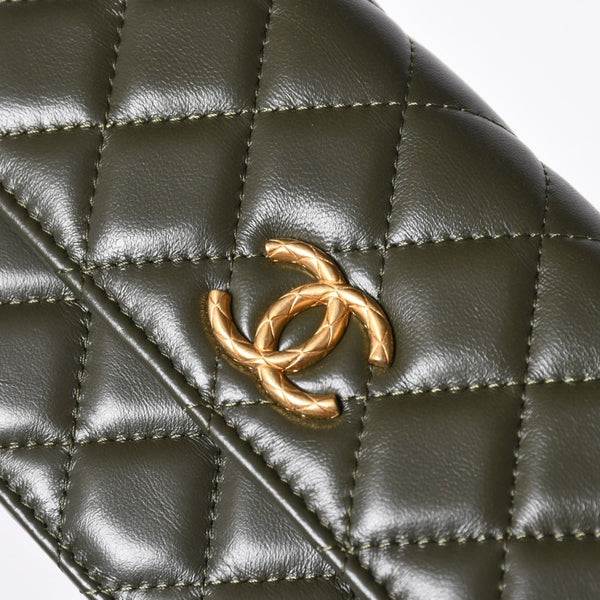 極美品 CHANEL シャネル アジャスタブル チェーンショルダーバッグ ランダム番台 ココマーク ラムスキン オリーブ ゴールド金具 中古 4a006774