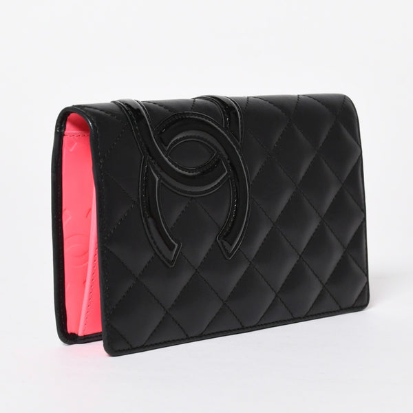 CHANEL シャネル カンボンライン 長財布 15番台 ココマーク パッチ カーフレザー ブラック ピンク シルバー金具 美品 中古 4a006779