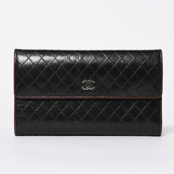 CHANEL シャネル ビコローレ ロングウォレット 長財布 11番台 ココマーク カーフレザー ブラック ボルドー シルバー金具 美品 中古 4a006775