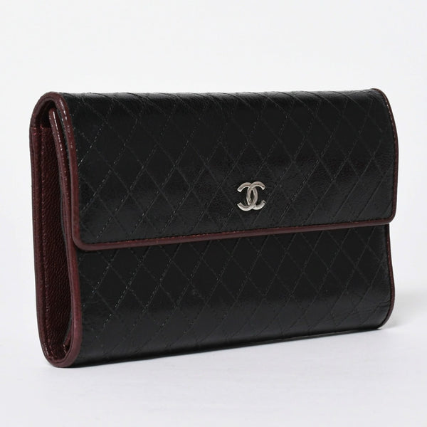 CHANEL シャネル ビコローレ ロングウォレット 長財布 11番台 ココマーク カーフレザー ブラック ボルドー シルバー金具 美品 中古 4a006775