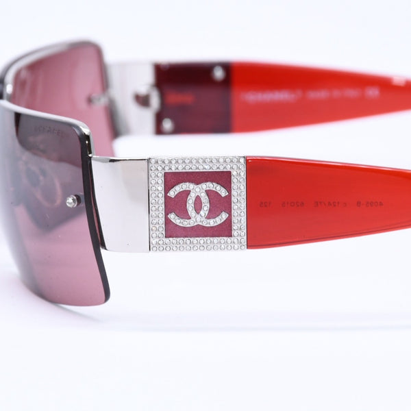 極美品 CHANEL シャネル リムレス サングラス サイドココマーク スクエアストーン メタル ラインストーン レッド シルバー金具 中古 4a006807