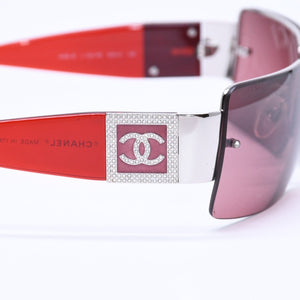 極美品 CHANEL シャネル リムレス サングラス サイドココマーク スクエアストーン メタル ラインストーン レッド シルバー金具 中古 4a006807
