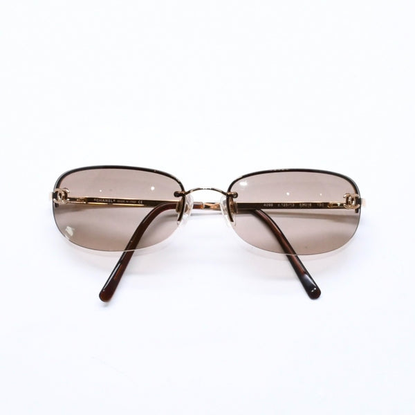 極美品 CHANEL シャネル ハーフリム サングラス アイウェア 4099 c.125/13 サイズ55□ 16 130 ココマーク ブラウン ゴールド 中古 4a006795
