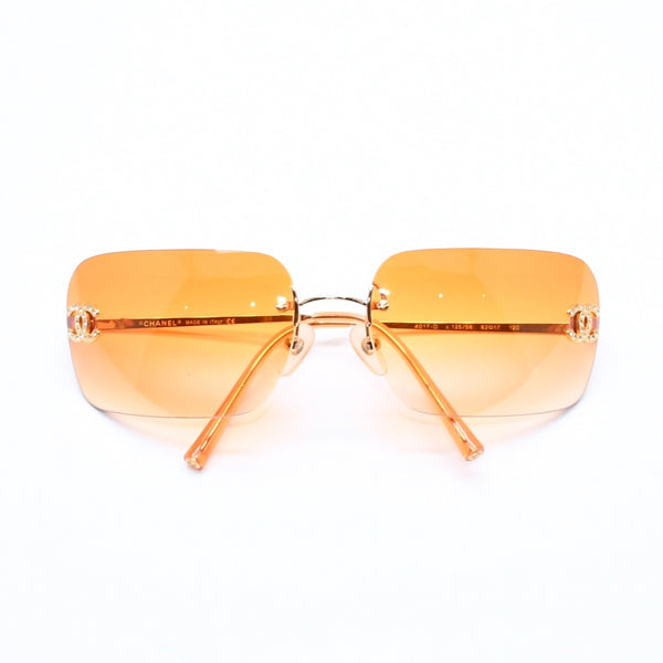 CHANEL シャネル リムレス サングラス アイウェア 4017-D c.125/56 サイズ62□17 120 ココマーク ラインストーン オレンジ 美品 中古 4a006796