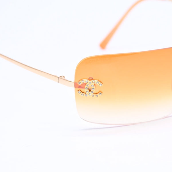 CHANEL シャネル リムレス サングラス アイウェア 4017-D c.125/56 サイズ62□17 120 ココマーク ラインストーン オレンジ 美品 中古 4a006796
