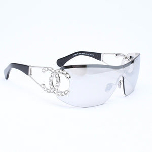 極美品 CHANEL シャネル Sunglasses サングラス アイウェア ココマーク サイズ142◻︎110 シルバー ラインストーン ブラック 9579B c.501/S1 中古 4a006784