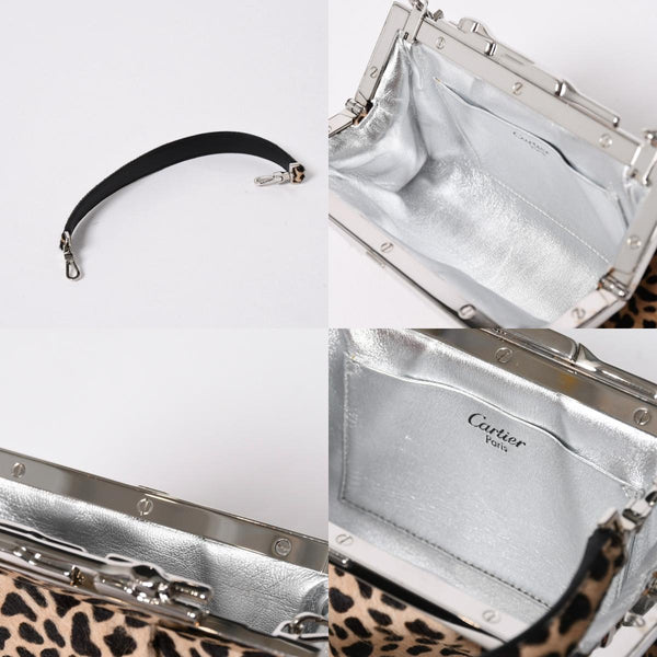 新品同様 CARTIER カルティエ パンテール 2WAYバッグ ハラコ レオパード レザー ブラウン シルバー金具 中古 4a006965