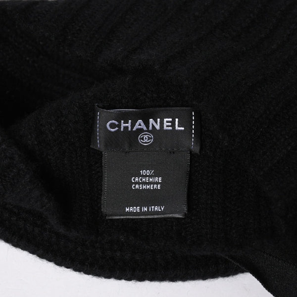 新品同様 CHANEL シャネル カシミヤ ニットキャップ ビーニー AAA421 ココマーク ラインストーン リボン付き ブラック 中古 4a007149