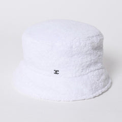 極美品 CHANEL シャネル ココマーク テリークロス バケットハット Mサイズ ホワイト CCマーク ブラックメタル金具 コットンパイル 中古 4a007148