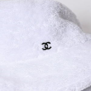 極美品 CHANEL シャネル ココマーク テリークロス バケットハット Mサイズ ホワイト CCマーク ブラックメタル金具 コットンパイル 中古 4a007148