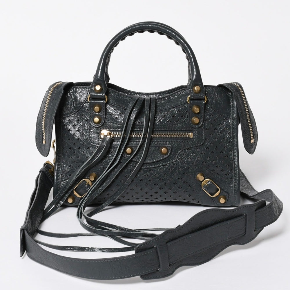 極美品 BALENCIAGA バレンシアガ パンチング クラシック ミニシティ ハンドバッグ 2WAY ショルダーバッグ 501065 ダークグレー ゴールド金具 中古 4a006982