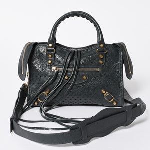 極美品 BALENCIAGA バレンシアガ パンチング クラシック ミニシティ ハンドバッグ 2WAY ショルダーバッグ 501065 ダークグレー ゴールド金具 中古 4a006982
