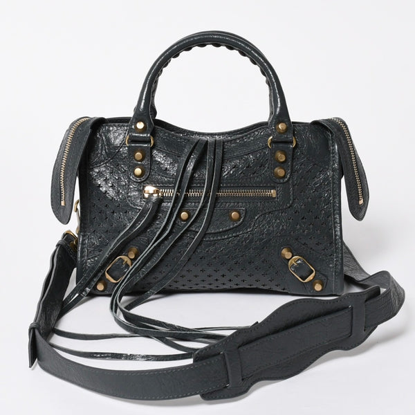 極美品 BALENCIAGA バレンシアガ パンチング クラシック ミニシティ ハンドバッグ 2WAY ショルダーバッグ 501065 ダークグレー ゴールド金具 中古 4a006982