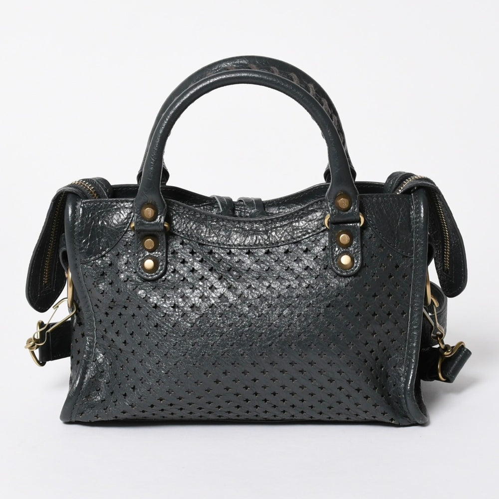 極美品 BALENCIAGA バレンシアガ パンチング クラシック ミニシティ ハンドバッグ 2WAY ショルダーバッグ 501065 ダークグレー ゴールド金具 中古 4a006982