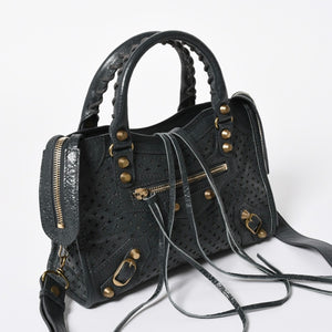 極美品 BALENCIAGA バレンシアガ パンチング クラシック ミニシティ ハンドバッグ 2WAY ショルダーバッグ 501065 ダークグレー ゴールド金具 中古 4a006982