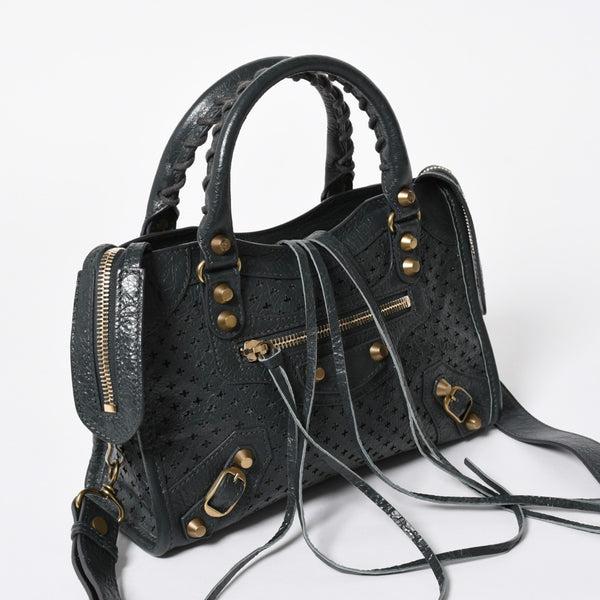 極美品 BALENCIAGA バレンシアガ パンチング クラシック ミニシティ ハンドバッグ 2WAY ショルダーバッグ 501065 ダークグレー ゴールド金具 中古 4a006982