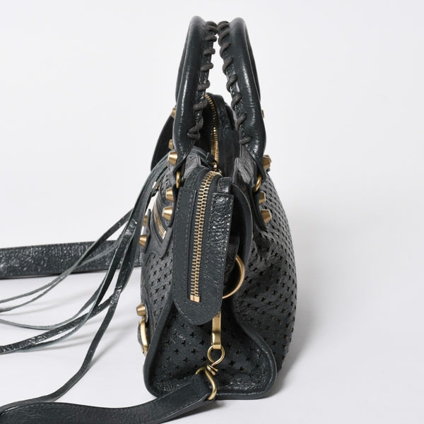 極美品 BALENCIAGA バレンシアガ パンチング クラシック ミニシティ ハンドバッグ 2WAY ショルダーバッグ 501065 ダークグレー ゴールド金具 中古 4a006982