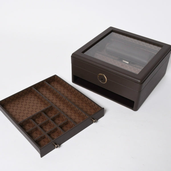 極美品 WOLF ウルフ EARTH ウォッチスタンドボックス 2PC コーヒー 190706 時計ケース アクセサリーボックス ブラウン レザー190周年モデル 中古 4a006832