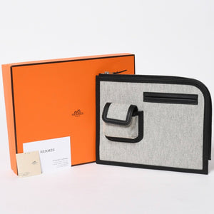 新品同様 HERMES エルメス カーゴ ポケット ジップ ポーチ W刻印 トワルアッシュ ヴォースイフト ブラック エクリュ シルバー金具 中古 4a006926