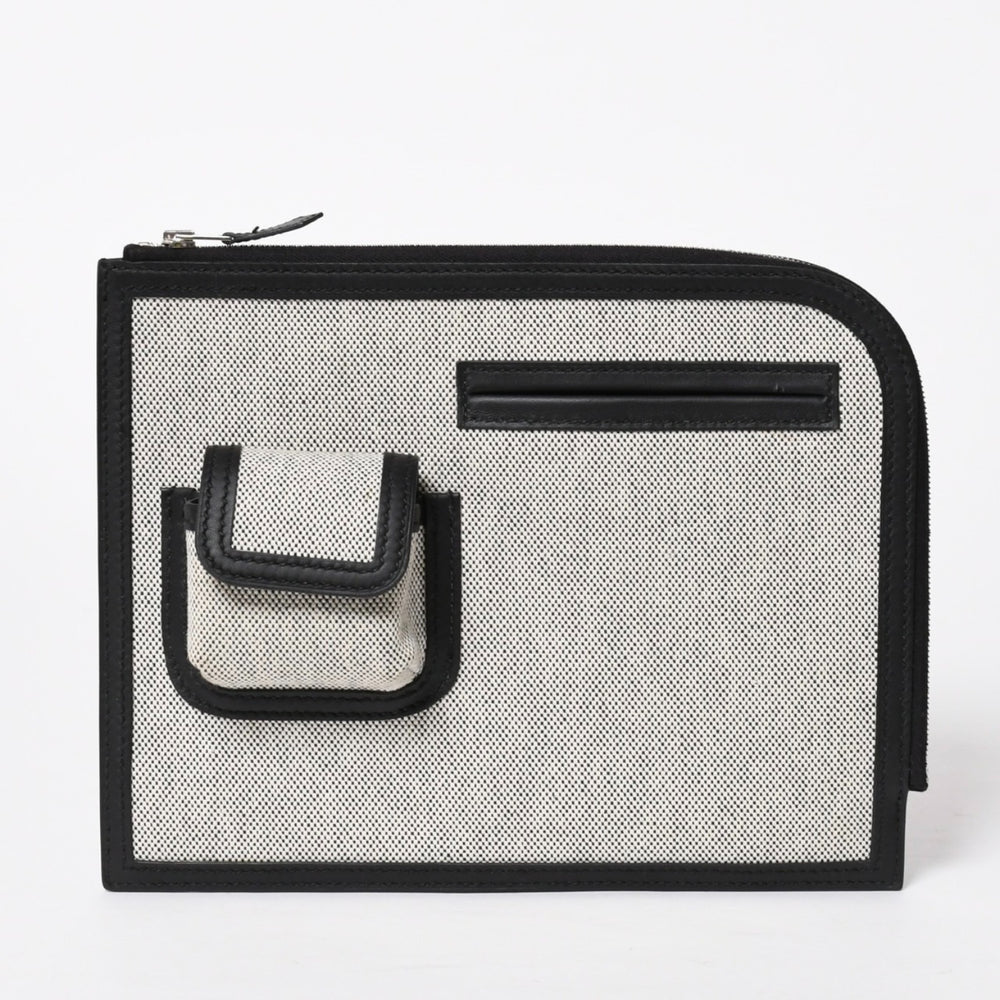 新品同様 HERMES エルメス カーゴ ポケット ジップ ポーチ W刻印 トワルアッシュ ヴォースイフト ブラック エクリュ シルバー金具 中古 4a006926