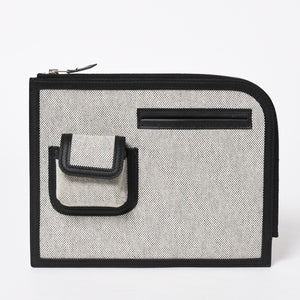 新品同様 HERMES エルメス カーゴ ポケット ジップ ポーチ W刻印 トワルアッシュ ヴォースイフト ブラック エクリュ シルバー金具 中古 4a006926
