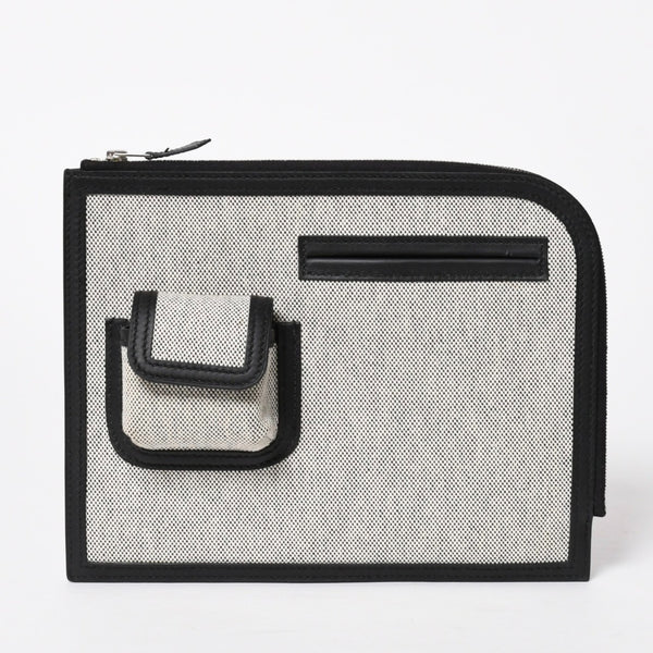 新品同様 HERMES エルメス カーゴ ポケット ジップ ポーチ W刻印 トワルアッシュ ヴォースイフト ブラック エクリュ シルバー金具 中古 4a006926